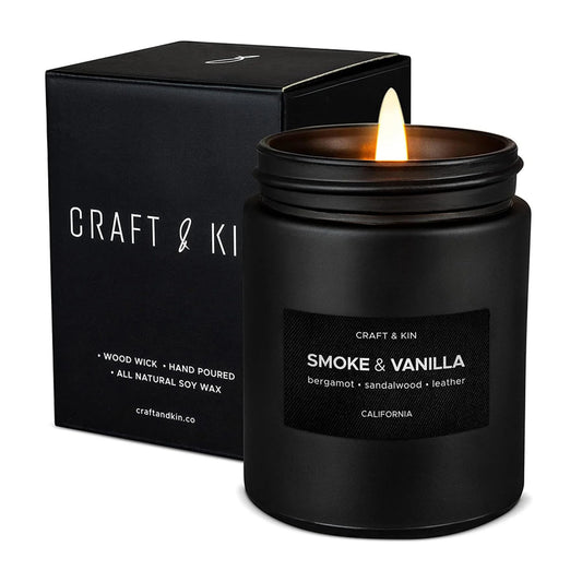 Craft & Kin Scented Black Candles for Men | Premium Smoke & Vanilla Scented Candles | Long Lasting Candle with 45 Hour Burn Time, 7.6oz