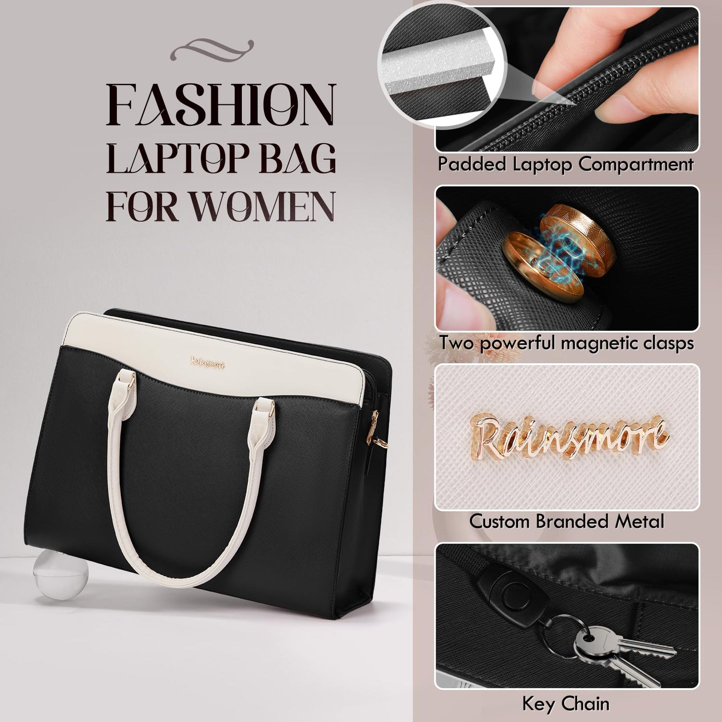 RAINSMORE Laptop Bags for Women 15.6 Inch Leather Laptop Tote Bag Large Capacity Work Tote Bag Waterproof Professional Business Computer Bag Handbag Shoulder Bag for Travel Office College