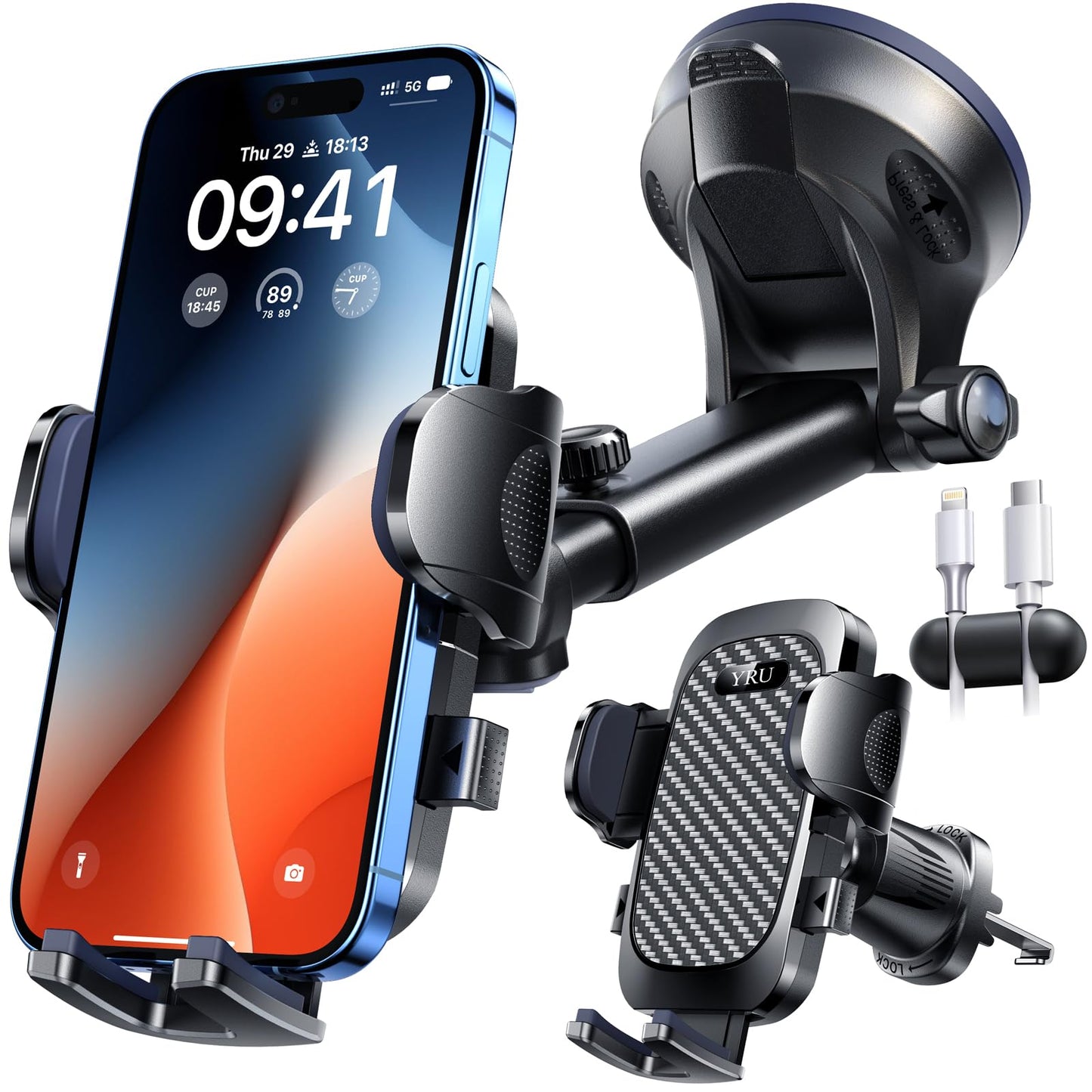 [True Military-Grade & 360° Rotatable Suction] 2026 YRU Ultimate Car Phone Holder Mount 【90+LBS Safest Strongest & Patent Certs】 Dashboard Windshield Vent for iPhone 17 16 Pro Max Samsung,Dark Black