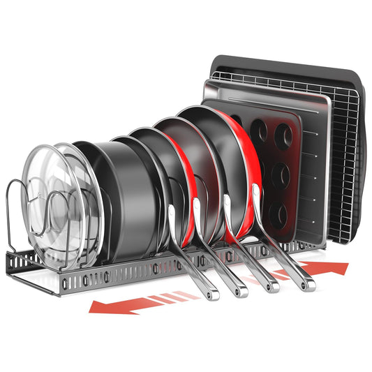 ORDORA Pots and Pans Organizer under Cabinet, Expandable 11.8"-22.8" Pot Lid Holder with 12 Adjustable Dividers, Pan Organizers inside Cabinet for Kitchen Cookware Bakeware, Black