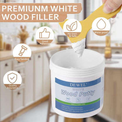 DEWEL Wood Putty, 18 Ounce White Wood Filler Putty Paintable, Stainable, Premium Furniture Repair Kit Quickly Restore Holes and Cracks on Wooden Furniture