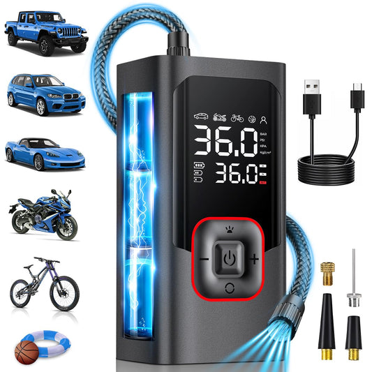 Tire Inflator Portable Air Compressor Cordless Air Pump for Car 150PSI Smart Inflator Fast Inflation Auto Shutoff Digital Pressure Gauge LED Light USB Port for Bike Motorcycle Ball Balloons Bicycle