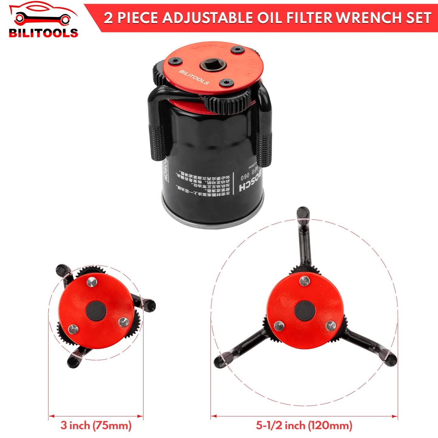 BILITOOLS Oil Filter Removal Tool, Universal Oil Filter Wrench Set Adjustable 2-1/2 to 4 inch & 3 to 5-1/8 inch, 1/2" Drive