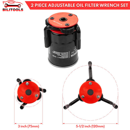 BILITOOLS Oil Filter Removal Tool, Universal Oil Filter Wrench Set Adjustable 2-1/2 to 4 inch & 3 to 5-1/8 inch, 1/2" Drive