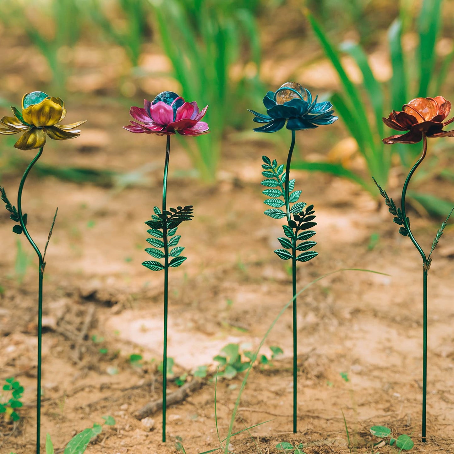 Viveta 4 Pack Flower Garden Stakes Decor, 12.9 inch Metal Flowers Outdoor Decor Waterproof Metal Flower Sticks for Patio, Lawn, Yard Decorations