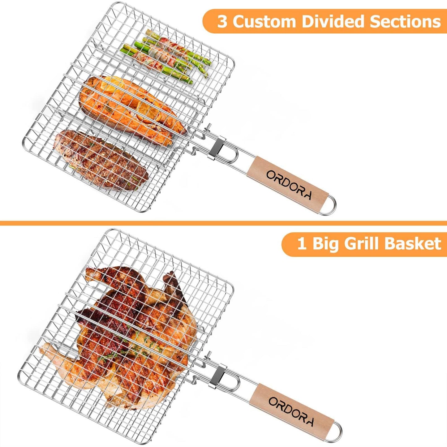 ORDORA Grill Basket, Fish Grill Basket, Rustproof 304 Stainless Steel BBQ Grilling Basket for Meat,Steak, Shrimp, Vegetables, Chops, Heavy Duty Portable Grill Outdoor Camping Grill, Deep