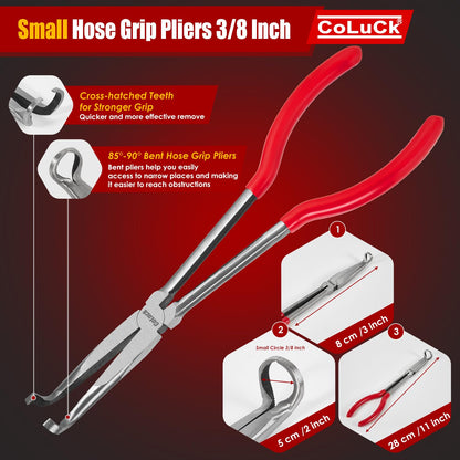 CoLuck 3Pcs 11" Hose Gripper Plier Set, 5/16-Inch, 1/2-Inch, 3/4-Inch Dia, Offset Spark Plug Boot Removal Pliers Serrated Jaws for Hard to Reach Narrow Spaces