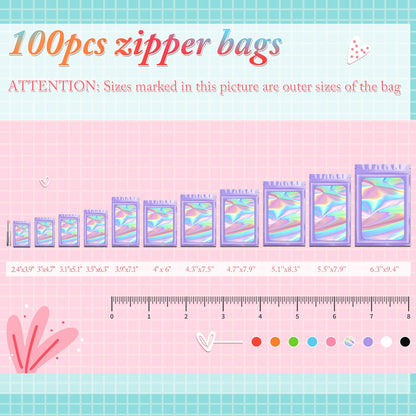 Funfery 100 pcs Purple Mylar Holographic Resealable Bags - Clear Seal Foil Pouch Zipper Bag for Food Storage, Gloss, Lash, Jewelry Packing - Small Business (6.3x9.4In)