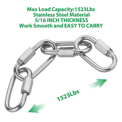 12PCS 5/16Inch Quick Links Stainless Steel Chain Links, M8 Oval Quick Locking Carabiner Clips Heavy Duty Chain Links Chain Connector for Camping, Hiking, Swing, Hammocks, Outdoor & Gym - 1500lbs Load