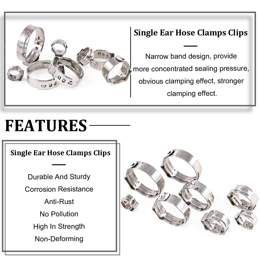Rustark 120Pcs 6-23.5mm 304 Stainless Steel Single Ear Stepless Hose Clamp Clips Assortment Kit for Various Hoses and Automotive Use
