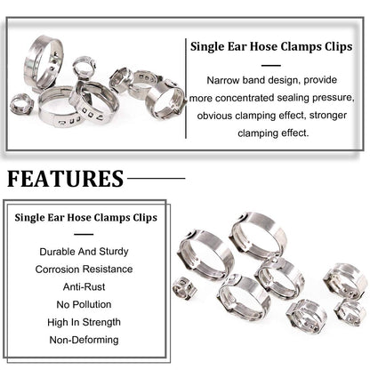 Rustark 120Pcs 6-23.5mm 304 Stainless Steel Single Ear Stepless Hose Clamp Clips Assortment Kit for Various Hoses and Automotive Use