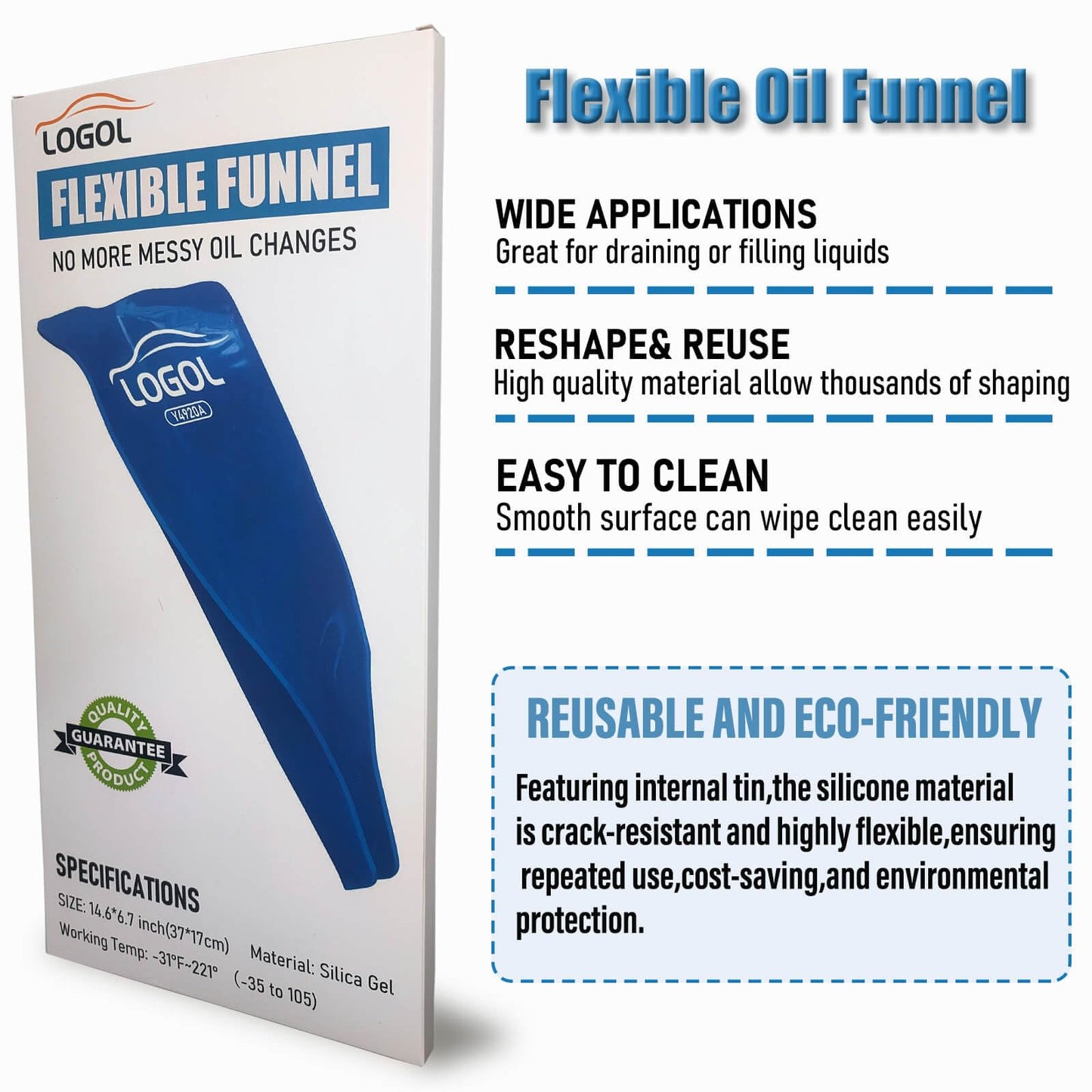 LOGOL Flexible Oil Funnel - Reusable General Oil Change Draining Tool - Silica Gel Material - Blue - 14.7 x 6.8 inches