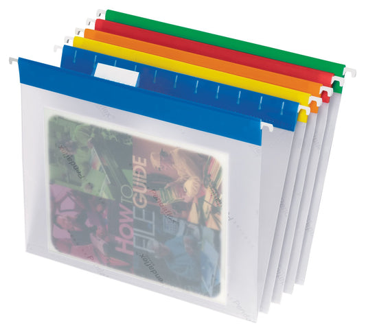 Pendaflex Hanging Folders, EasyView Plastic, Transparent Letter Size, Color Bar Coded, Durable Moisture-Resistant, Coated Rods, Custom Tabs, 10-Pack, Assorted Colours for Quick File Identification