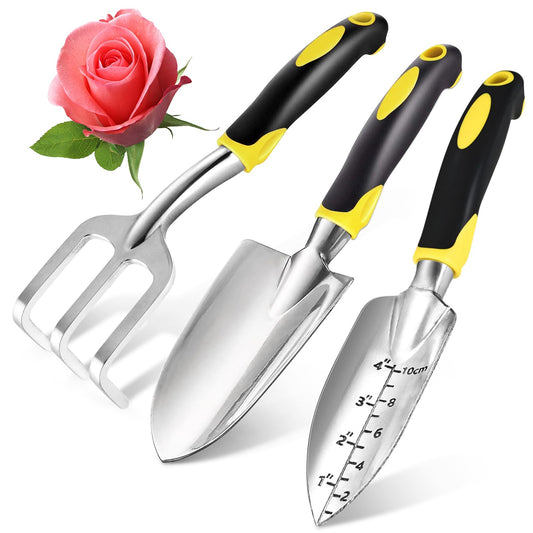 Garden Tool Set 3 Piece Aluminum Gardening Tools Kit with Rake,Shovel&Graduated Shovel .Garden Trowel & Hand Wide Shovel Pointed with Soft Rubberized Non-Slip Ergonomic Handle for Planting(Yellow)