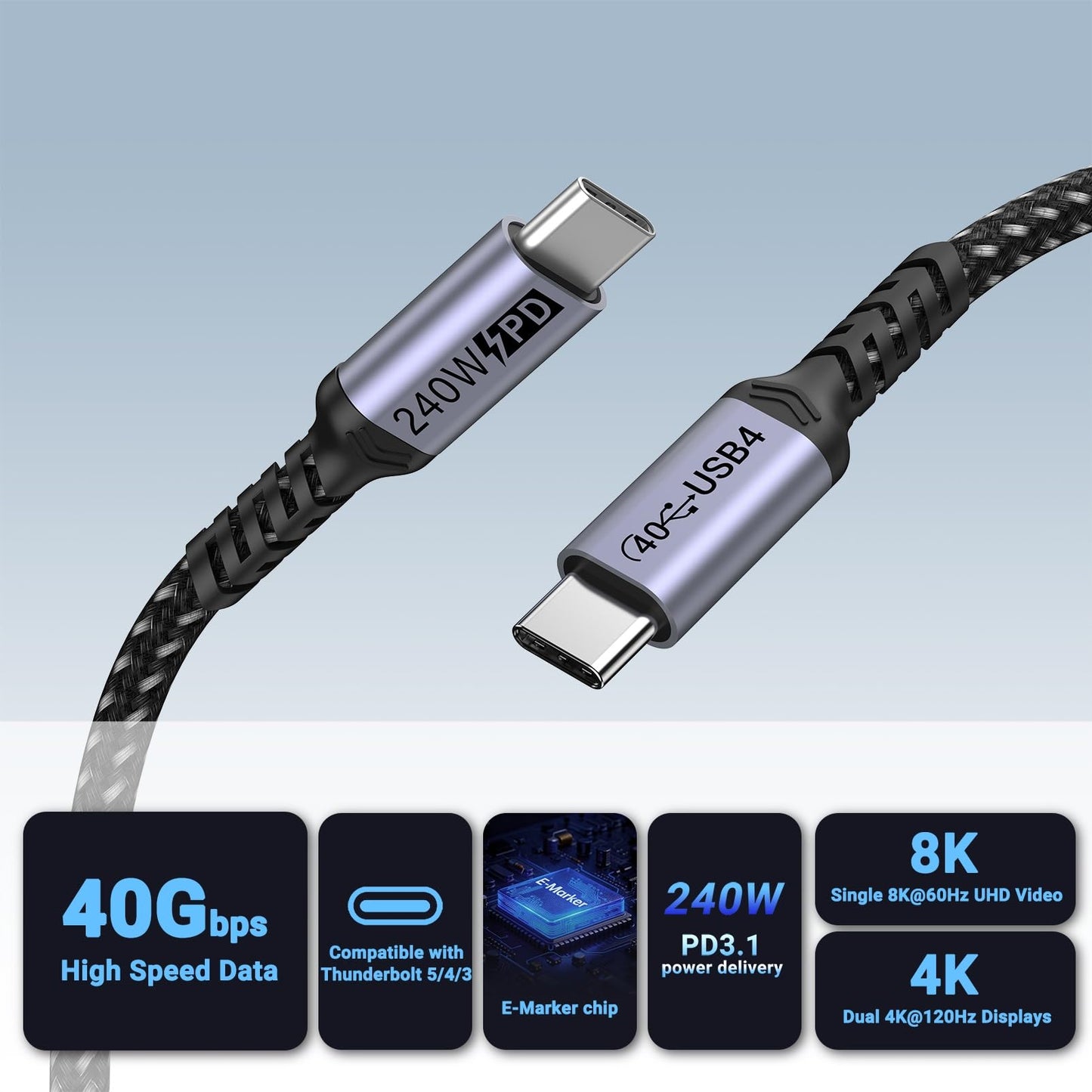 SUMPK 2m USB 4 Cable, 240W PD Fast Charging, 40Gbps Data Transfer, 8K Video Output, Compatible with Thunderbolt 4/3, iPhone 15Pro/15ProMax, Monitor