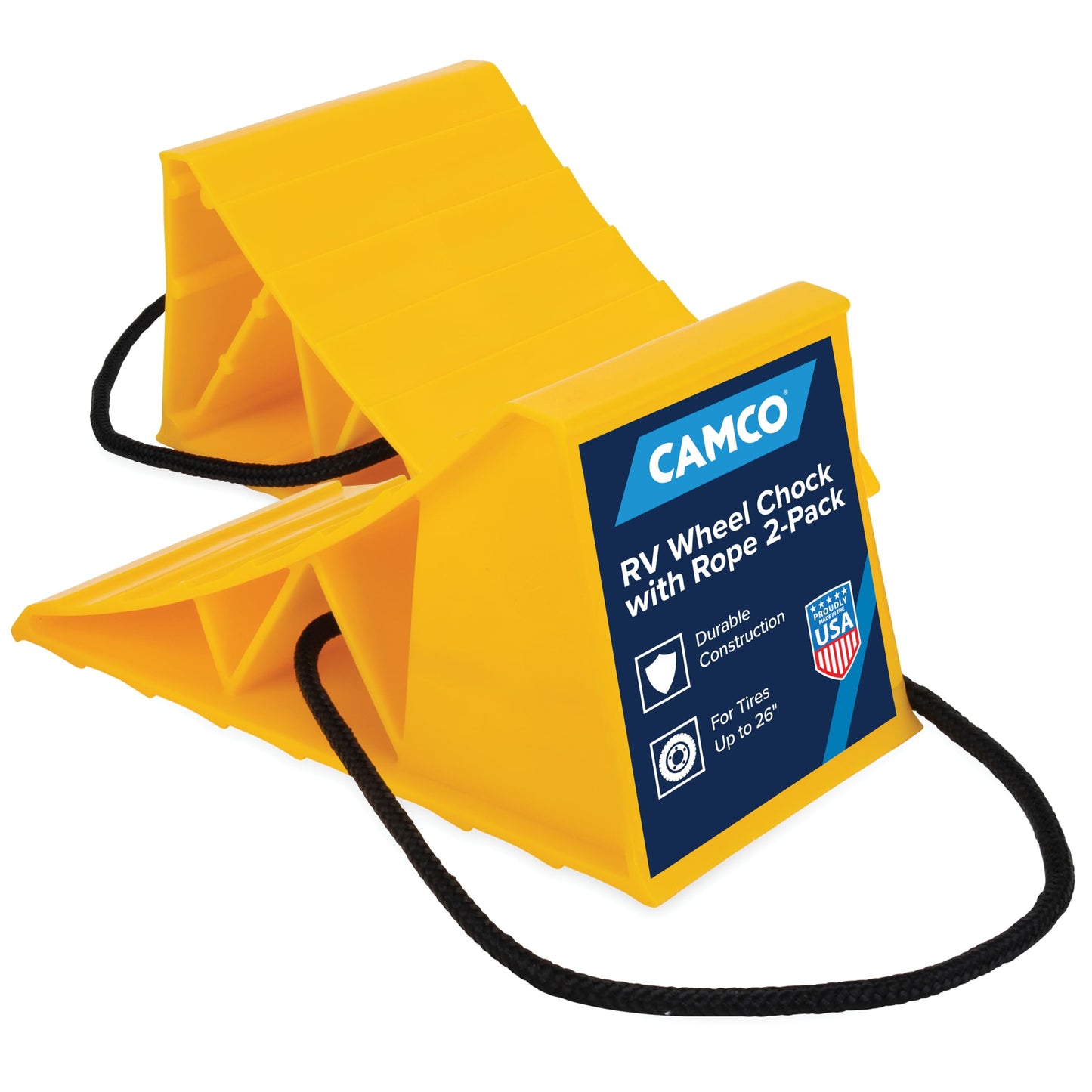 Camco Wheel Chock With Rope For Easy Removal, Helps Keep Your Trailer or RV In Place (Pack of 2), Yellow