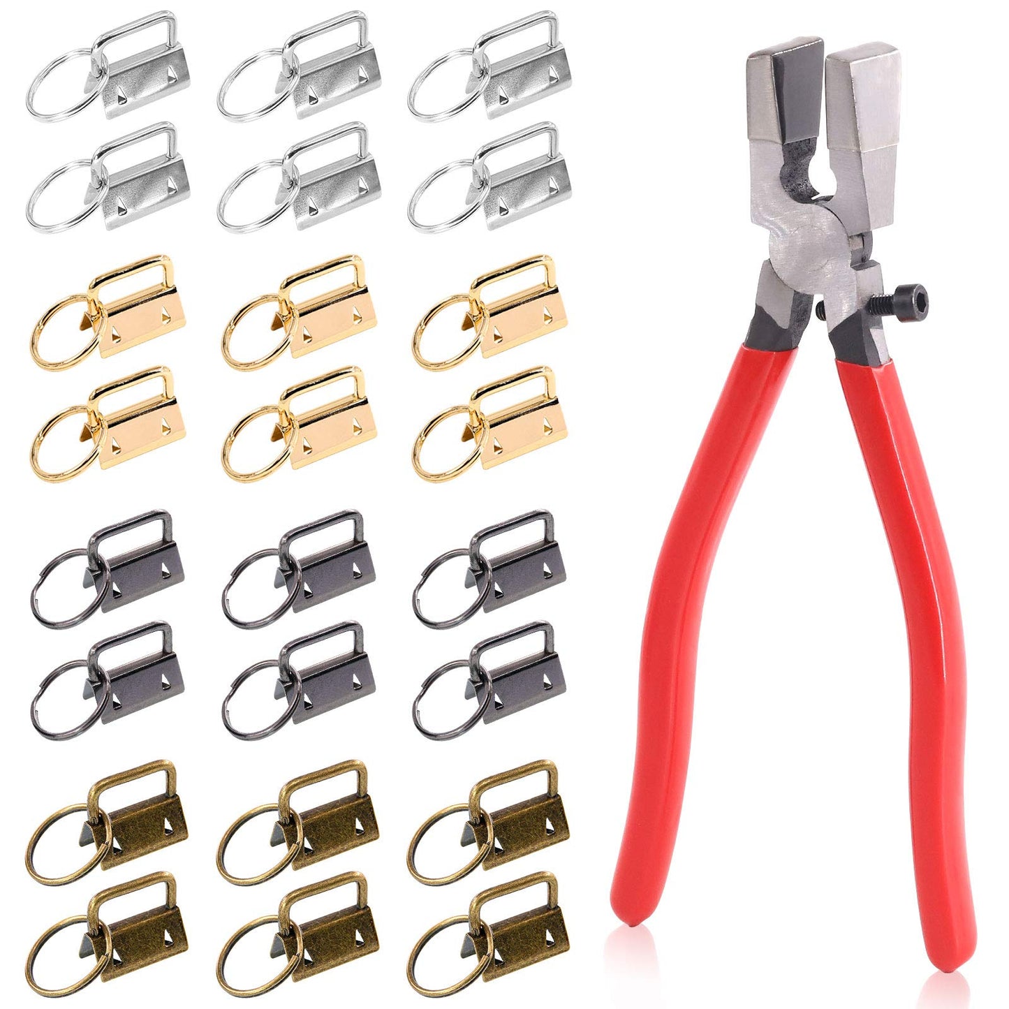 Rustark 40 Pcs 4 Colors Keyfob Hardware Set and Key Fob Pliers, Glass Running Pliers Tools with Jaws, 1" 25mm Key Fob Key Chain Wristlet with Split Ring for Key Lanyard and Key Chain Making