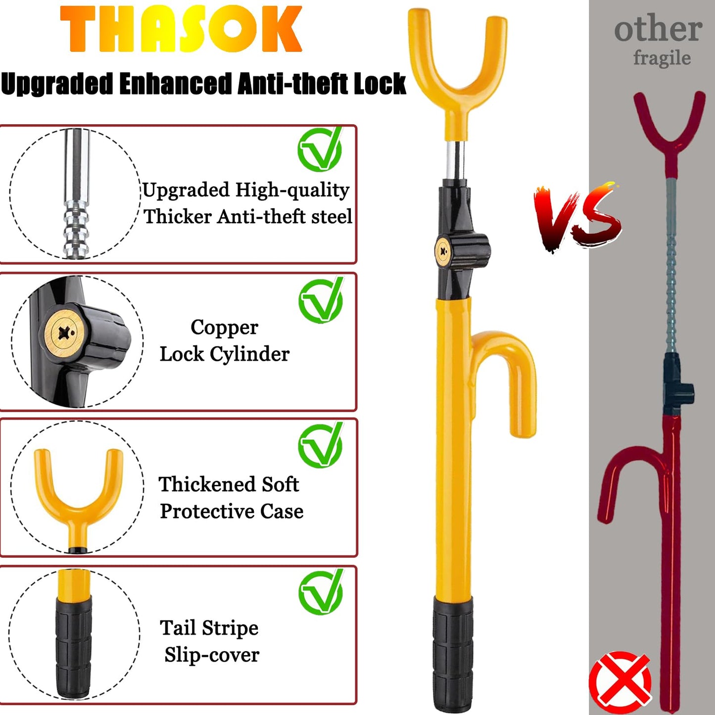 THASOK Car Steering Wheel Lock Anti-Theft Device, Upgraded Thicker Metal Pole High-Security Car Lock Universal, Adjustable The Club Steering Wheel Lock for Car/SUV/Truck/Van (Yellow)