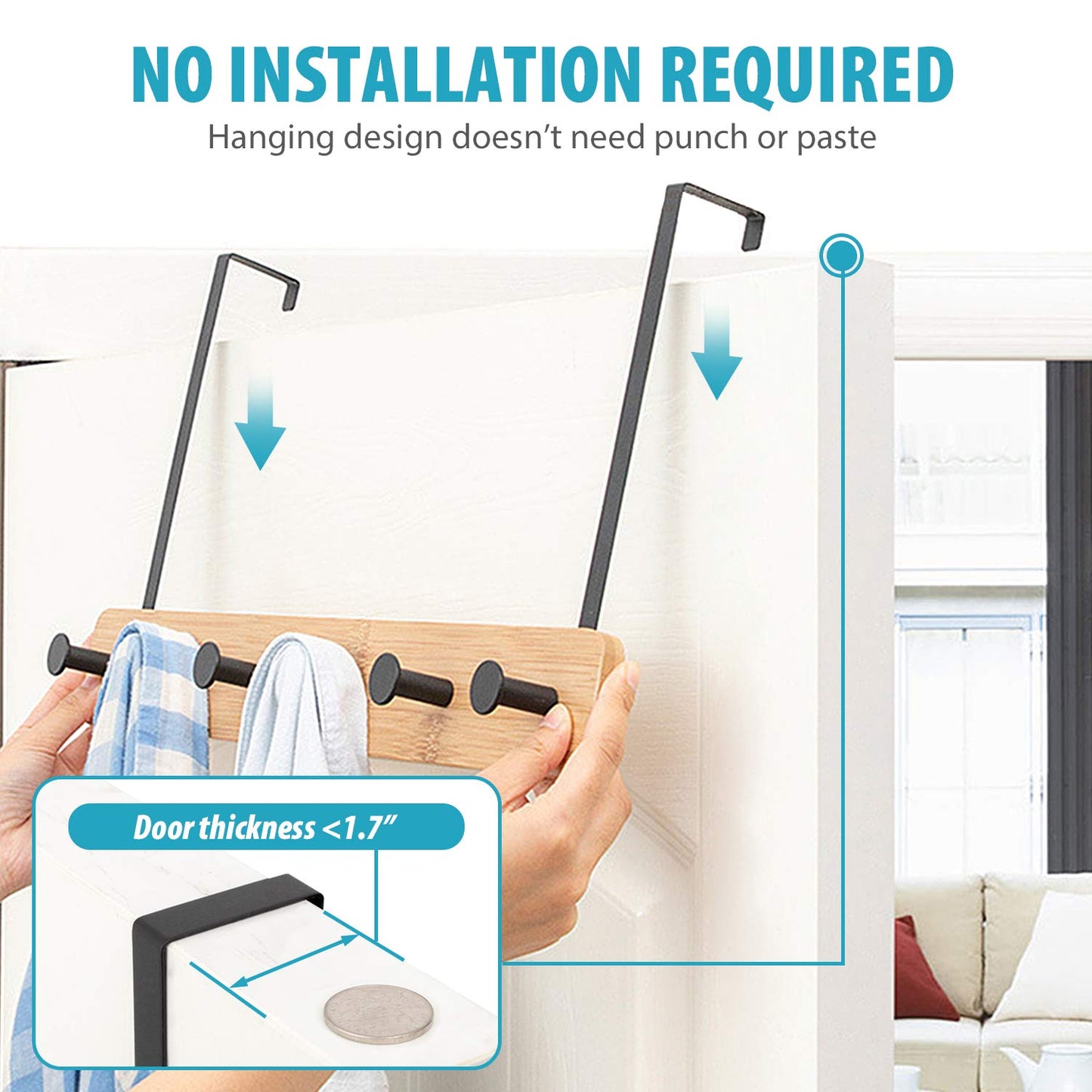 Over The Door Hook Hanger, Bamboo Coat Rack with 5 Metal Hooks, Wood Clothes Organizer for Coat, Towels, Bags, Robes (White)