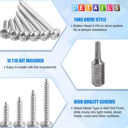 Glarks 211Pcs #8 x 1/2'' / 5/8'' / 3/4'' / 1" / 1-1/4'' / 1-1/2'' Button Head Torx Security Sheet Metal Screws Assortment Set, 6 Size Stainless Steel Tamper Resistant Screws with T20 Bit