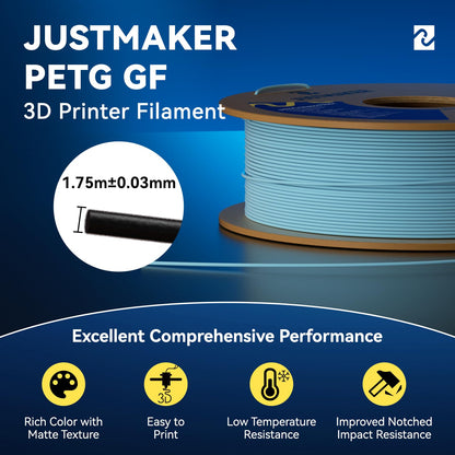 JUSTMAKER PETG Glass Fiber 3D Printer Filament, Updated Stronger Impact Resistance, Dimensional Accuracy +/-0.03mm, 1.75mm, 1kg, White