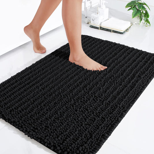 OLANLY Luxury Chenille Bath Mat, Extra Soft Thick Absorbent Shaggy Bathroom mat, Non-Slip Machine Wash Dry Plush Bath Mats for Bathroom, Shower, and Tub (30"x20", Black)