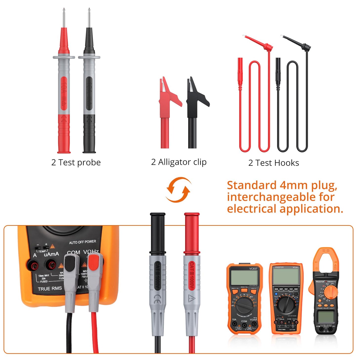 Proster Multimeter Leads Kit 9 in 1 Test Leads with Alligator Clips Test Leads Test Hook Test Lead Tweezers Electric Tester Leads for Multimeter Tester