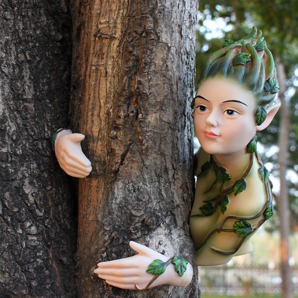 Meyas Outdoor Statues Garden Sculptures Decoration Fairy Tree Hugger Tree Face Fairy Sculpture Garden Peeker Courtyard Outdoor Decoration Fairy Garden Ornament Figurines Statues Art Yard Tree Hugger