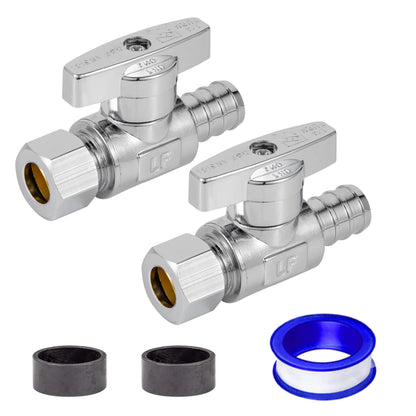 Breezliy 1/2 Pex Straight Stop Valve Sink Toilet Shut Off Valve,2 Pack Turn Straight Stop Valve 3/8" OD Compression X 1/2" Barb Crimp Pex LF Chrome Plated Brass with 2pcs 1/2 PEX Copper Ring