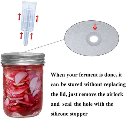6 Set Fermentation Lids, Fermentation Kit for Wide Mouth Jars, Stainless Steel Fermenting Lids with 9 Silicone Grommets, 6 Airlocks, 6 Silicone Rings(Jars Not Included)