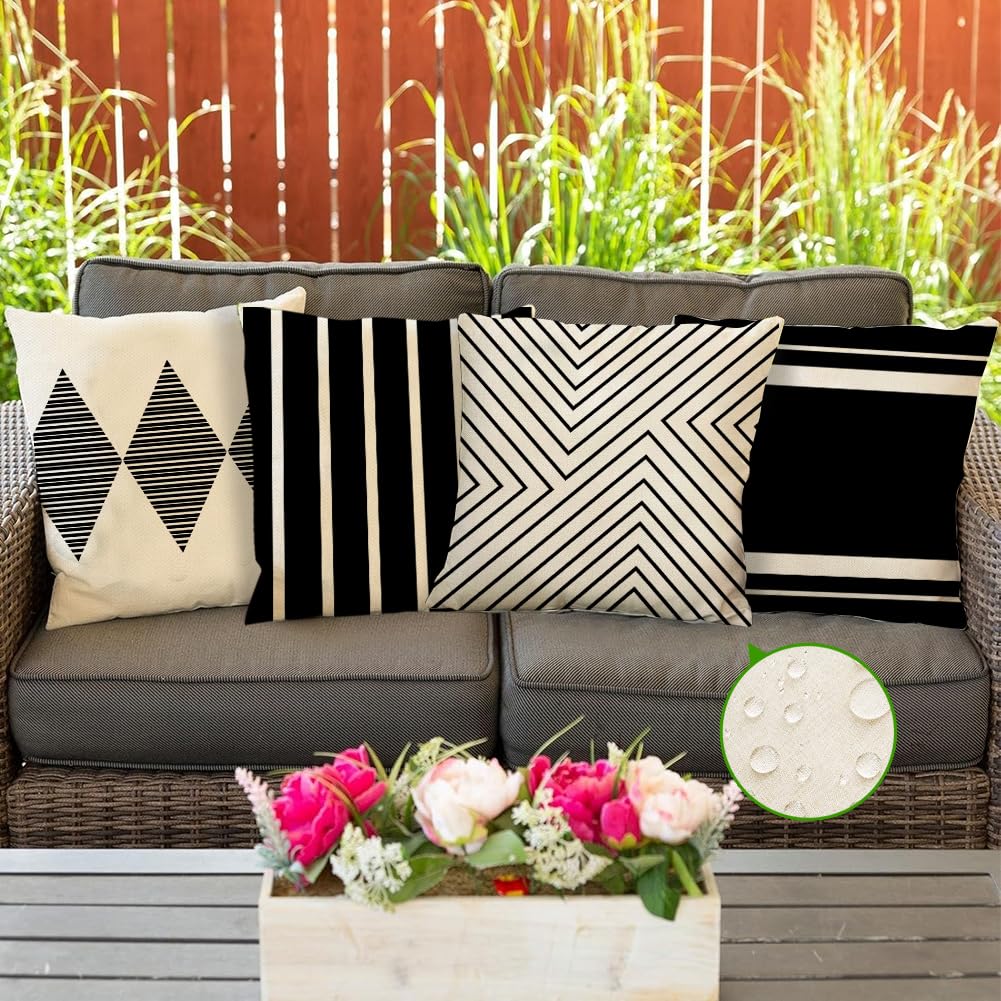 RABUSOFA Black and White Pillow Covers 18x18 Inch Set of 4,Outdoor Pillows Waterproof Boho Farmhouse Decroaions Cushion Cases for Sofa Couch Patio Furniture (03-B18)