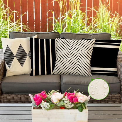 RABUSOFA Black and White Pillow Covers 18x18 Inch Set of 4,Outdoor Pillows Waterproof Boho Farmhouse Decroaions Cushion Cases for Sofa Couch Patio Furniture (03-B18)