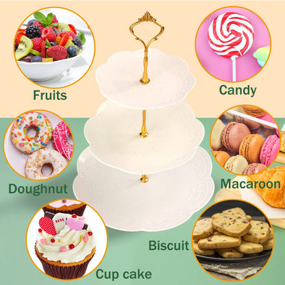 PowerKing 3 Tier Cupcake Stand Cake Stand - Plastic Tiered Serving Tray for Desserts, Candy, and Treats - Perfect for Wedding, Birthday, Tea Party (Round, 2 Pack)