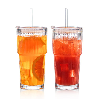 20 oz Ribbed Glass Tumblers with Lids and Glass Straws – 2-Piece Glassware Set, Heavy-Duty Tumblers, Ideal for Iced Coffee, Smoothies, Cocktails, and Juices – Elegant and Durable Drinkware
