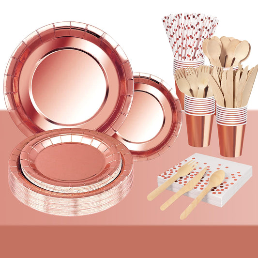 Nkaiso 193 Piece Rosegold Party Tableware, Party Paper Plates and Cutlery Set Includes Plates Cups Dinnerware Napkins, for Birthday Wedding Babyshower Decorations Supplies-24 Guests