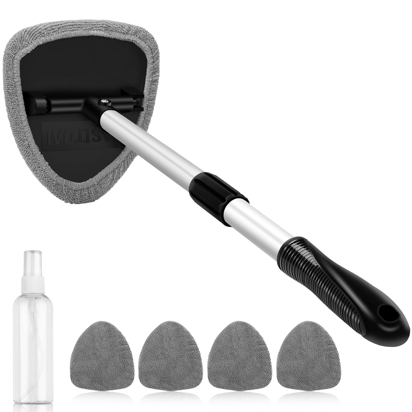 AstroAI Car Window Cleaner, Car Windshield Cleaning Tool with Telescopic and Extendable Handle, Inside with 4 Reusable and Washable Microfiber Pads, Auto Glass Wiper Kit, Grey-Triangle