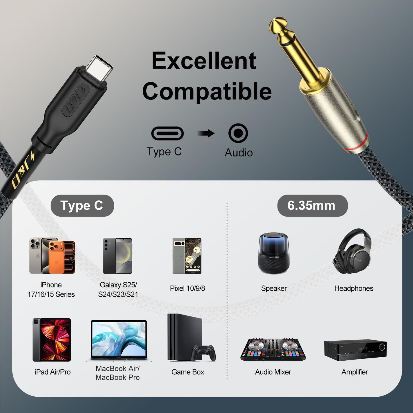 J&D USB Type C to 6.35mm 1/4 inch TS Male Audio Mono Interconnect Aux Adapter Cable Compatible with iPhone 16/17 Series Gold Plated Braided Audio Cable, 6.6 Feet/2 Meter