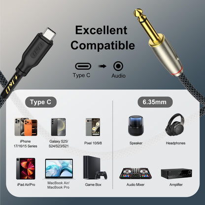 J&D USB Type C to 6.35mm 1/4 inch TS Male Audio Mono Interconnect Aux Adapter Cable Compatible with iPhone 16/17 Series Gold Plated Braided Audio Cable, 6.6 Feet/2 Meter