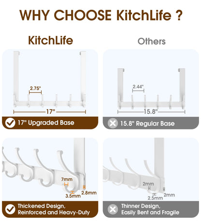 KitchLife Long Over Door Hooks with 15.75" Extended Arms, Fits Standard 1 3/8" Thick Doors, Thickened 1 Pack Double-Hanger with 12 Hooks, Glossy White - Bathroom Bedroom Towel Rack Organization
