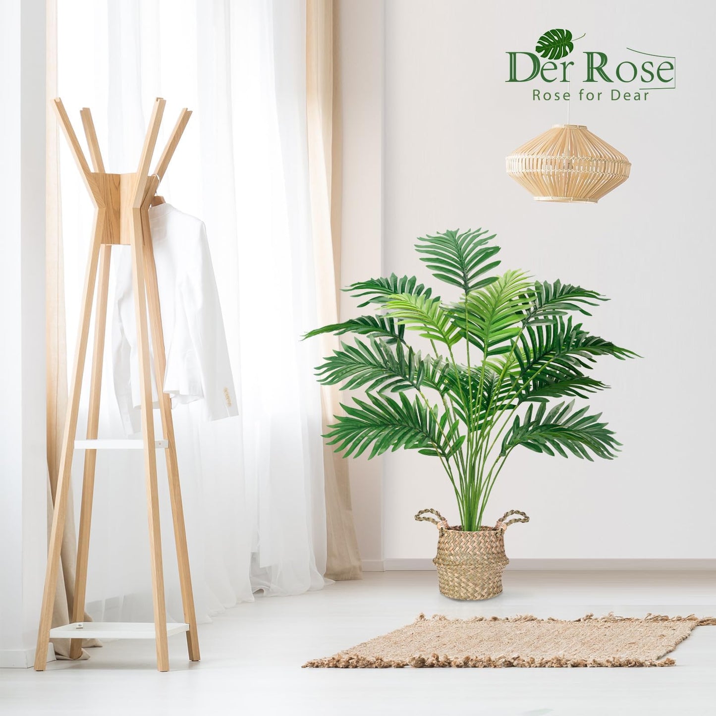 Der Rose Fake Palm Tree 28Inch Tall Fake Plant Potted Faux Areca Artificial Tree with Hand-Woven Baskets with Handles for Indoor Outdoor Home Office Bedroom Porch Balcony Boho Decor