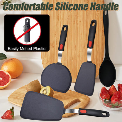 4-Pack Silicone Spatula and Spoon Set, 600°F (315°C) Heat Resistant Kitchen Utensils for Non-Stick Cookware, 3 Flexible Turners & 1 Solid Spoon, Ergonomic Non-Slip Grip, BPA Free, Black