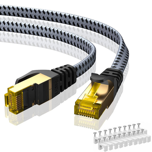 Cat 8 Ethernet Cable 30 FT, ARISKEEN 40Gbps 2000Mhz High Speed Cat8 Network LAN Patch Cord, Nylon Braided High Duty Shielded RJ45 Flat Internet Cable with 15 Clips for Indoor Outdoor - 30 Feet (Grey)