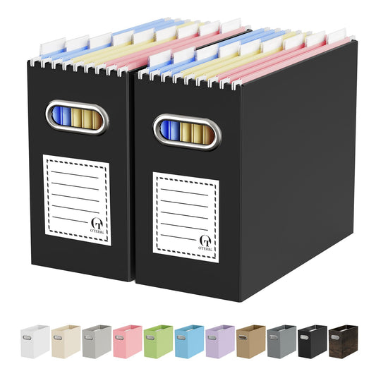 Oterri File Organizer for Hanging Folders Letter Size, Cardboard File Storage Box with Handle, File Box, Folder Organizer for Office, Home or School, 2 Packs, Black (No Folders)