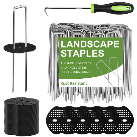 Garden Stakes Kit, 50PK Landscape Staples + 50PK Gaskets + 1PK Hook, Galvanized Weed Barrier Fabric Stakes Landscaping SOD Pins for Artificial Turf, Groud Cover, Yard