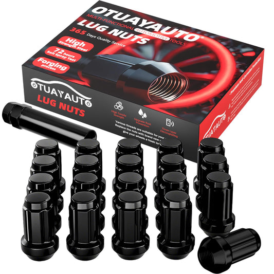 OTUAYAUTO M12x1.5 Lug Nuts - 20PCS Black 12mmx1.5 Spline Wheel Lug Nut with Socket Key, Cone Seat, 17mm Hex, Replacement for Chevy Ford Dodge Jeep Honda Acura Hyundai Kia Aftermarket Wheels