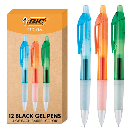 Bic Intensity Clic Gel Retractable Roller Pens, 0.7 mm, Black, 12 Pens