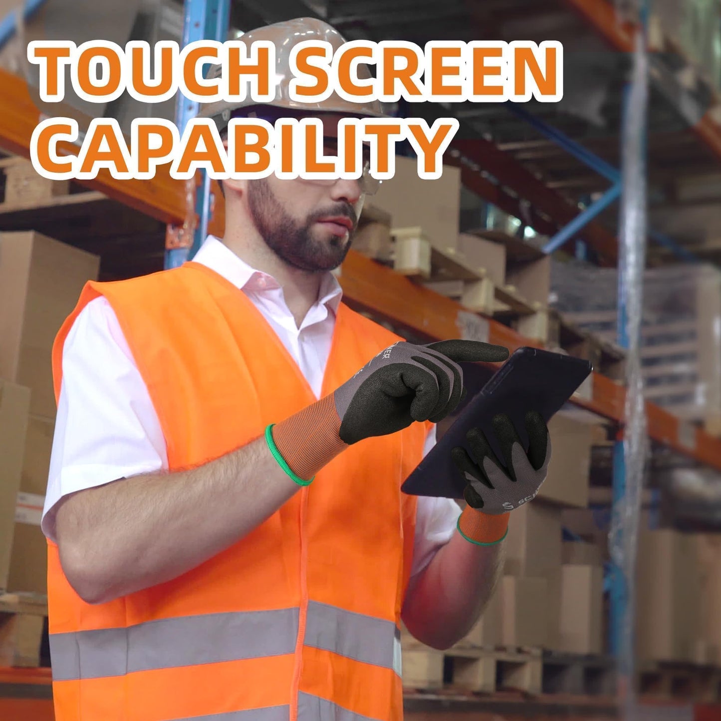 Schwer Lite Sandy Nitrile Coated Work Gloves LT5626, Work Gloves with Grip Touch Screen Compatible for General Purposes Automotive Electronic Assembly, Grey, L, 6 Pairs