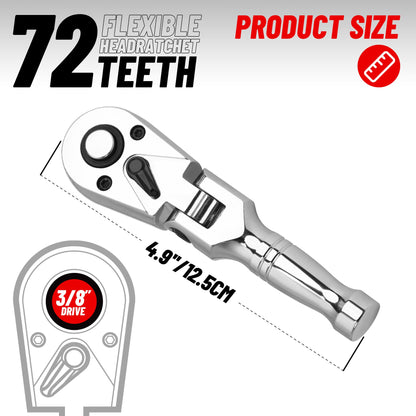 UYECOVE 3/8 Inch Drive Stubby Flex Head Ratchet Wrench, Small Socket Wrench, 72 Tooth Quick Release Cr-Mo Swivel Head Ratchet-4.9"/125mm