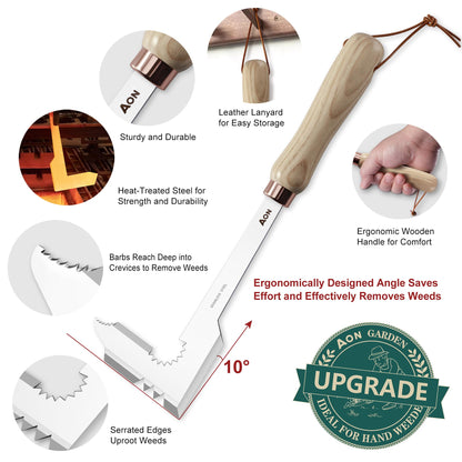 AON 2-Pack Hand Crack Weeder Puller Tool Set - Made with Durable Steel and Ash Wood Ergonomic Handles, Weeding Tools Ideal for Gardens and Patio Lawns to Efficiently Remove Weeds from the Root