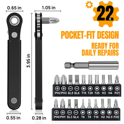 Ratcheting Screwdriver Men Gifts- 90 Degree Offset Screwdriver Bit Set Low Profile Pocket Screwdrive for Tight Space Cool Gadgets Gifts for Men Him Dad Husband (22Pcs Precision & DIY Bit Set)